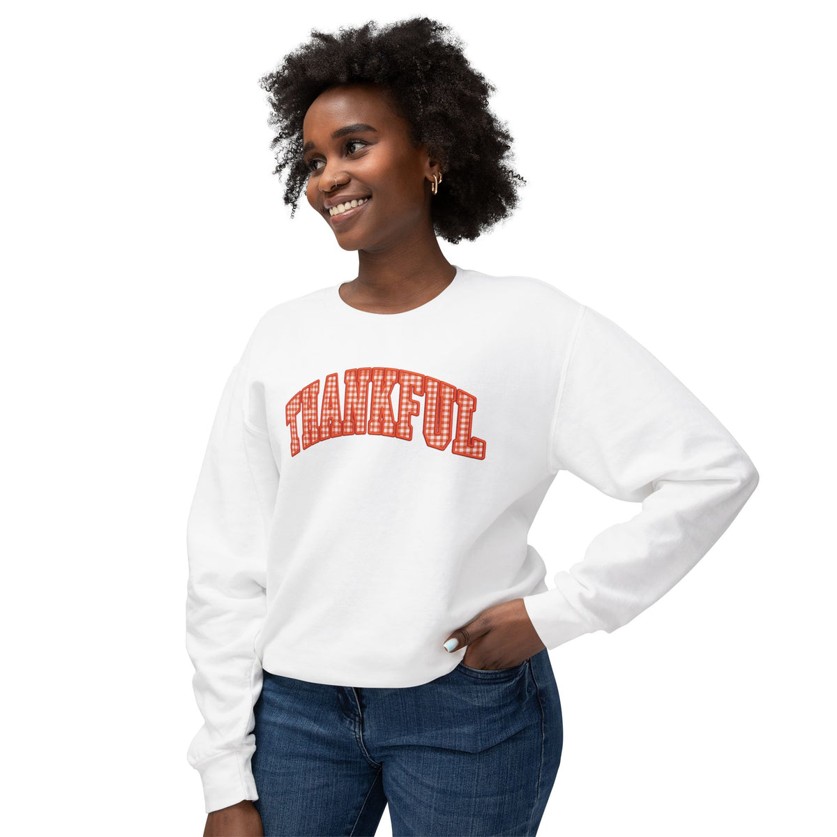 Thankful Plaid Crewneck Sweatshirt — Cozy Thanksgiving Graphic Sweatshirt