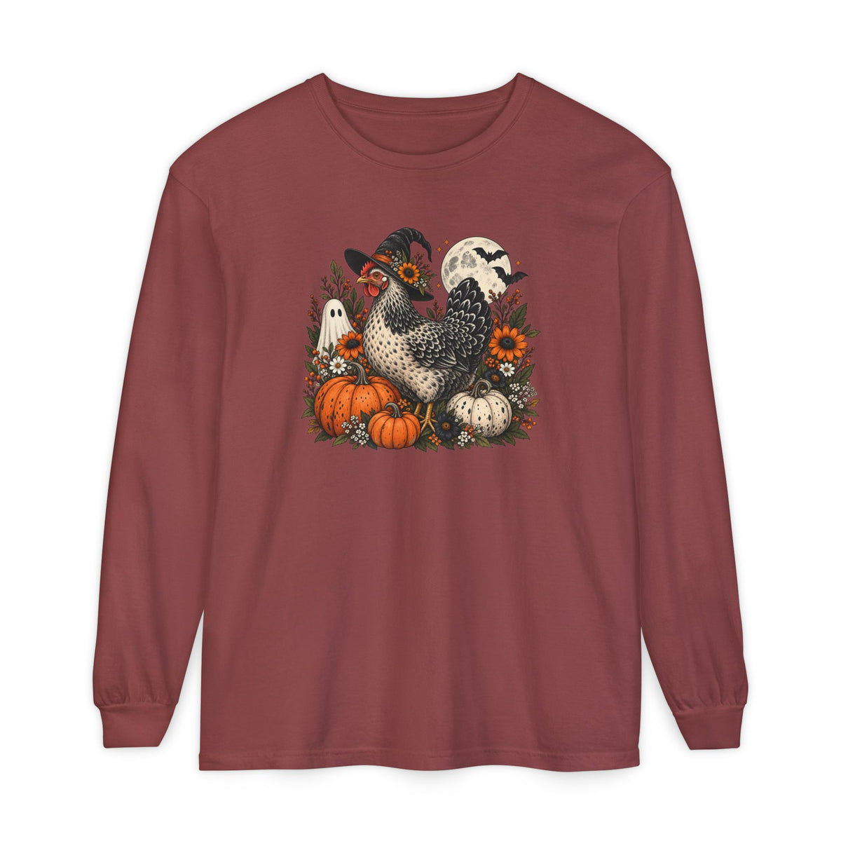 Halloween Chicken Tee — Witch Hat Chicken with Pumpkins & Ghosts Long Sleeve Shirt