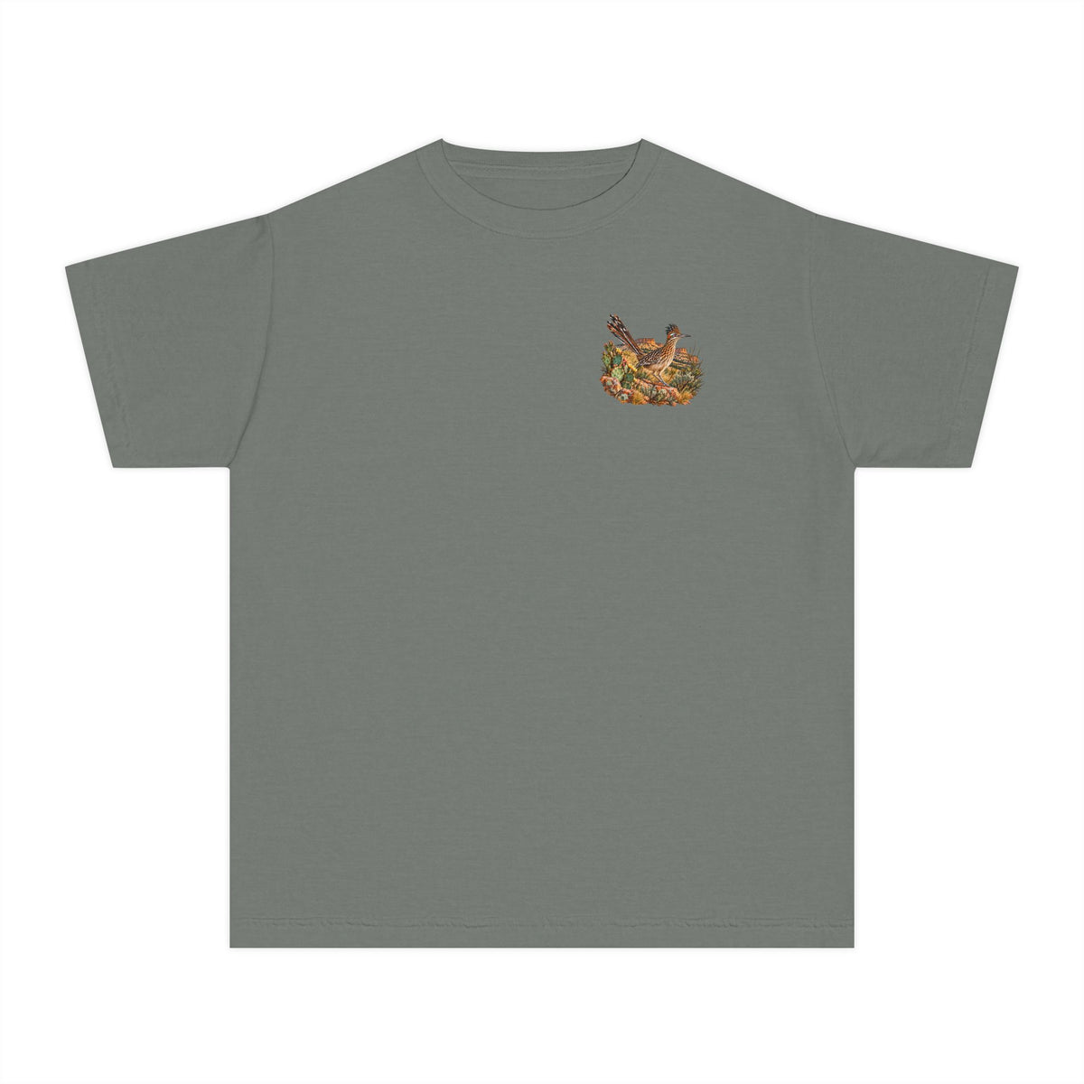 youth Caprock Critters roadrunner tee with front and back West Texas wildlife artwork.