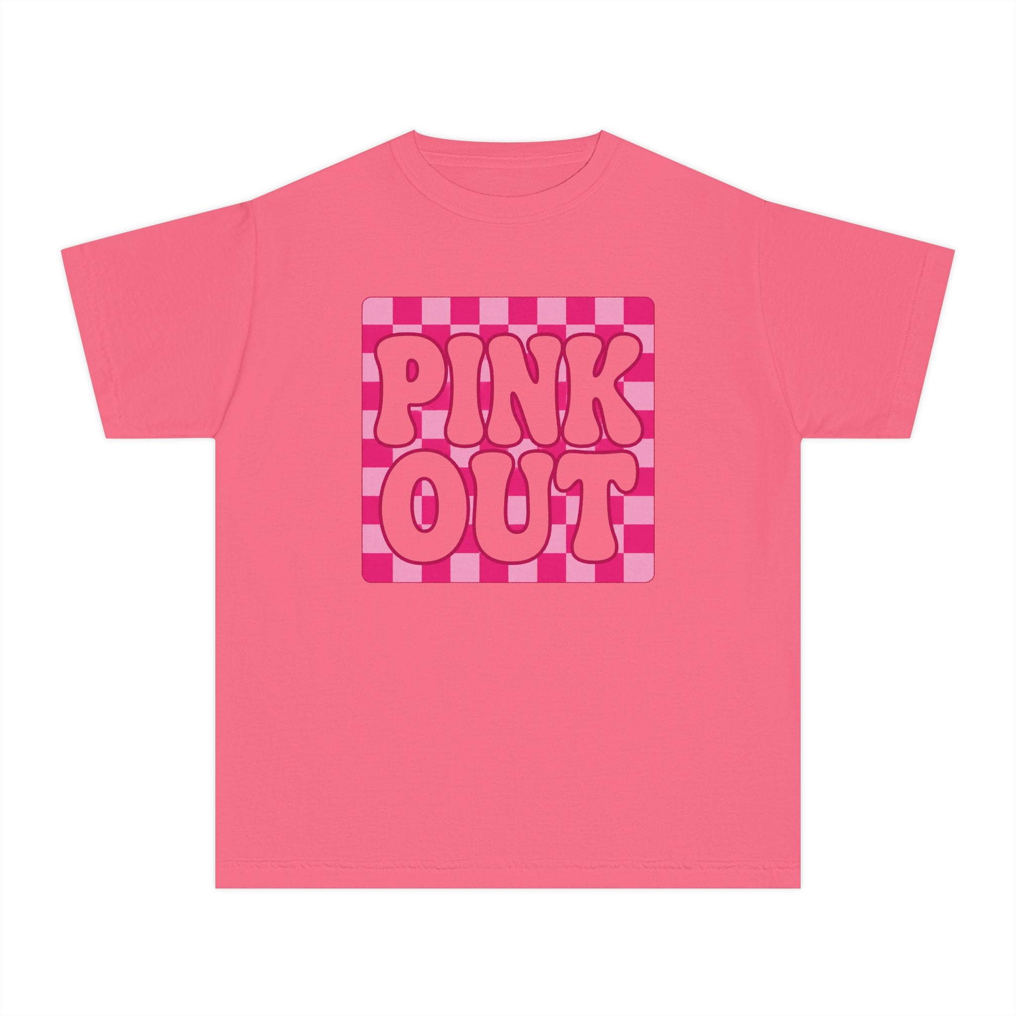 Youth Tee — "PINK OUT" Pink Check Graphic Tee for Kids (Breast Cancer Awareness, Pink Out Events)