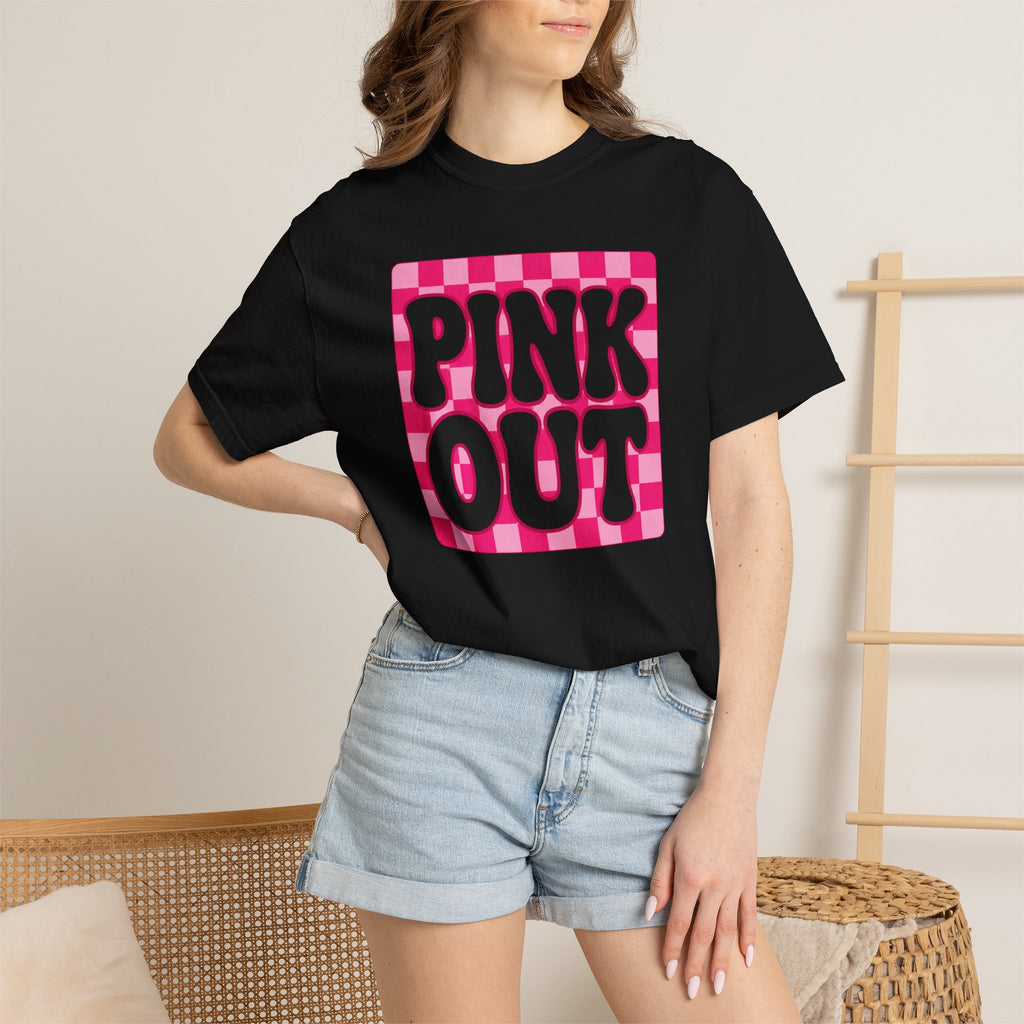 Pink Out Checkerboard T-Shirt — Retro Bubble Letter Graphic Tee