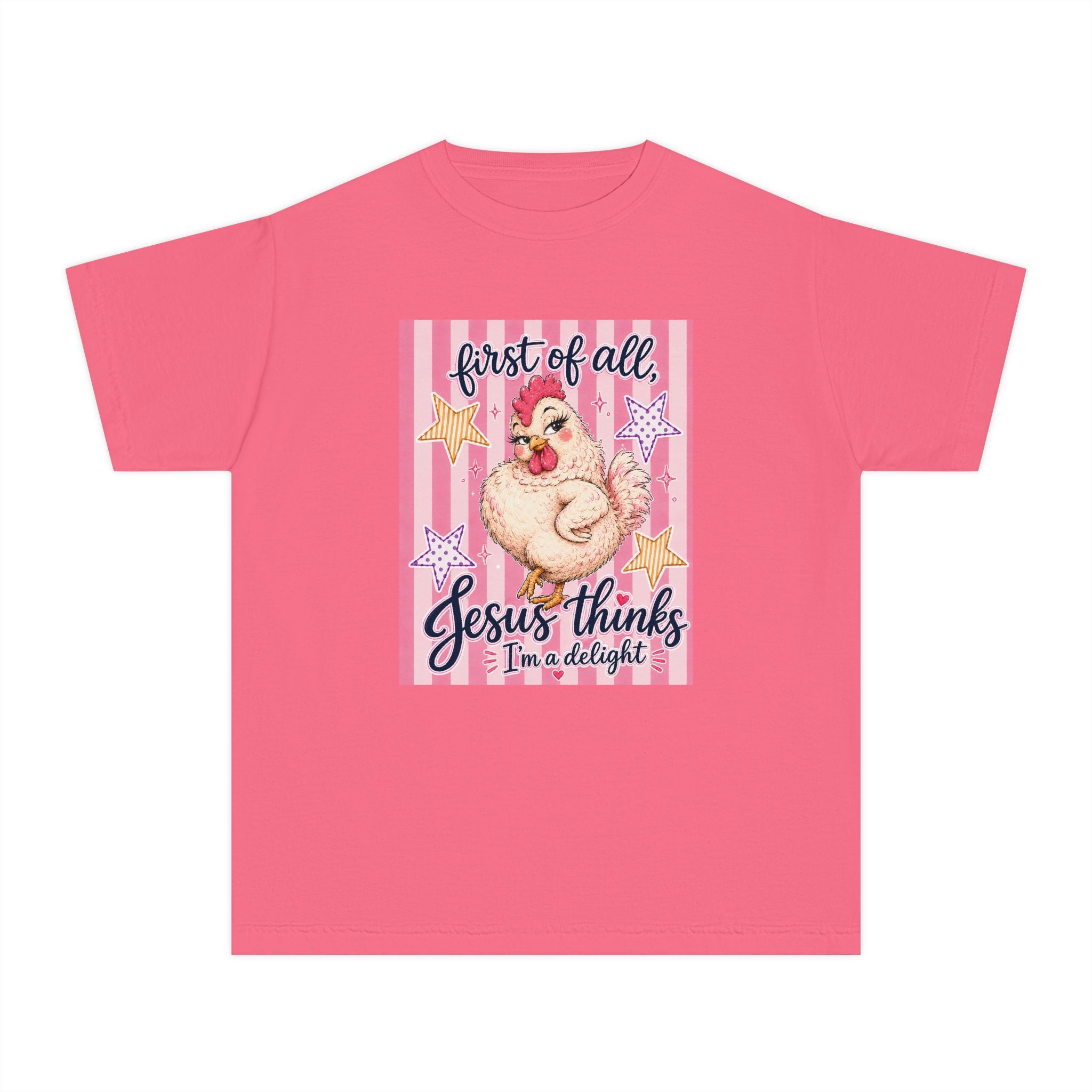 Youth Tee — "First of All, Jesus Thinks I’m a Delight" Cute Chick Christian Kids Shirt
