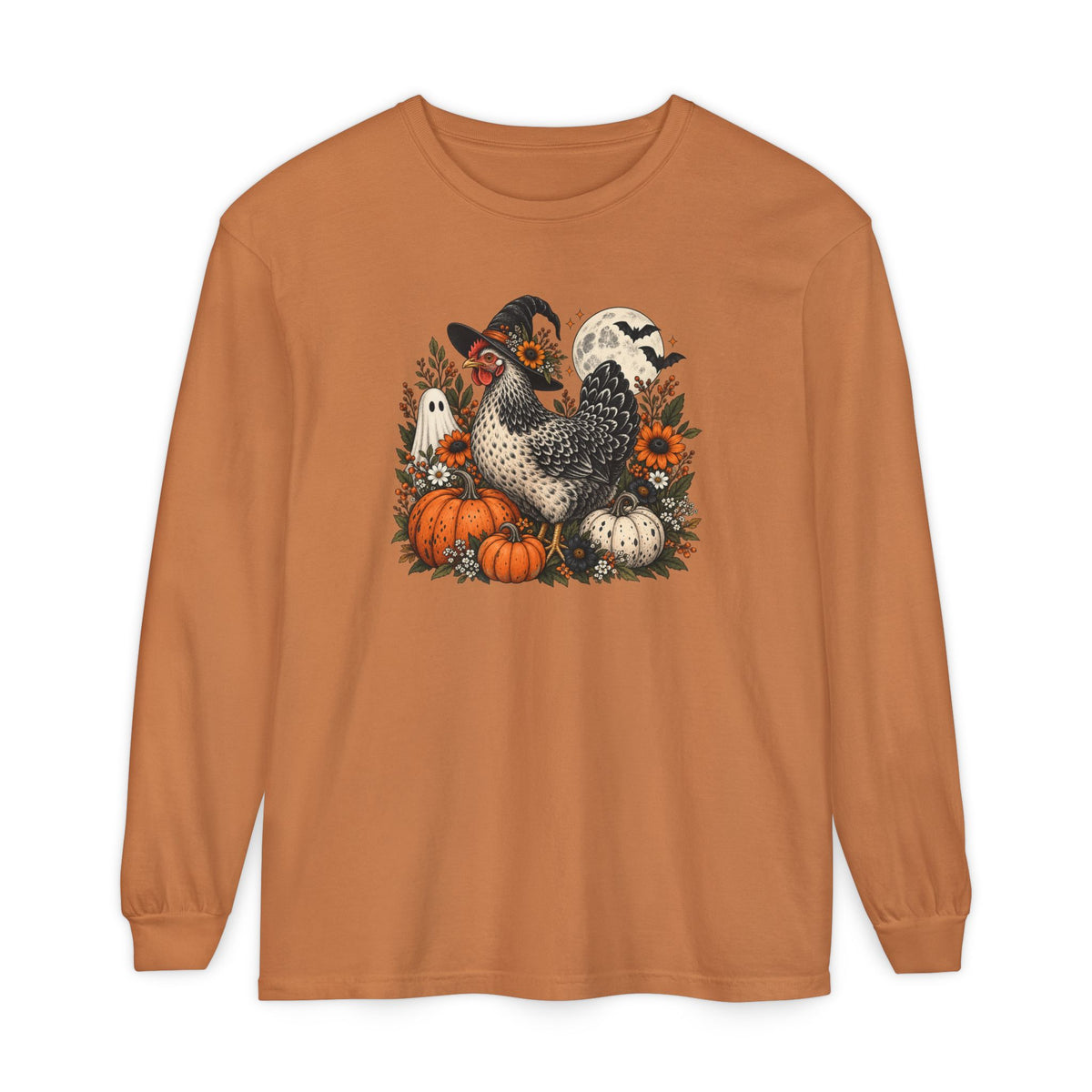Halloween Chicken Tee — Witch Hat Chicken with Pumpkins & Ghosts Long Sleeve Shirt