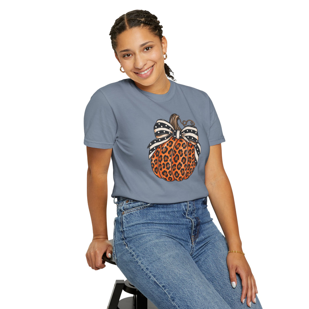 Leopard Pumpkin T-Shirt — Autumn Pumpkin Graphic Tee with Polka Dot Bow