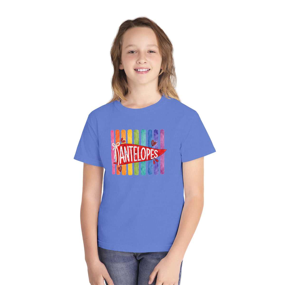 Youth Tee — Rainbow 'Antelopes' Pennant School Spirit Shirt
