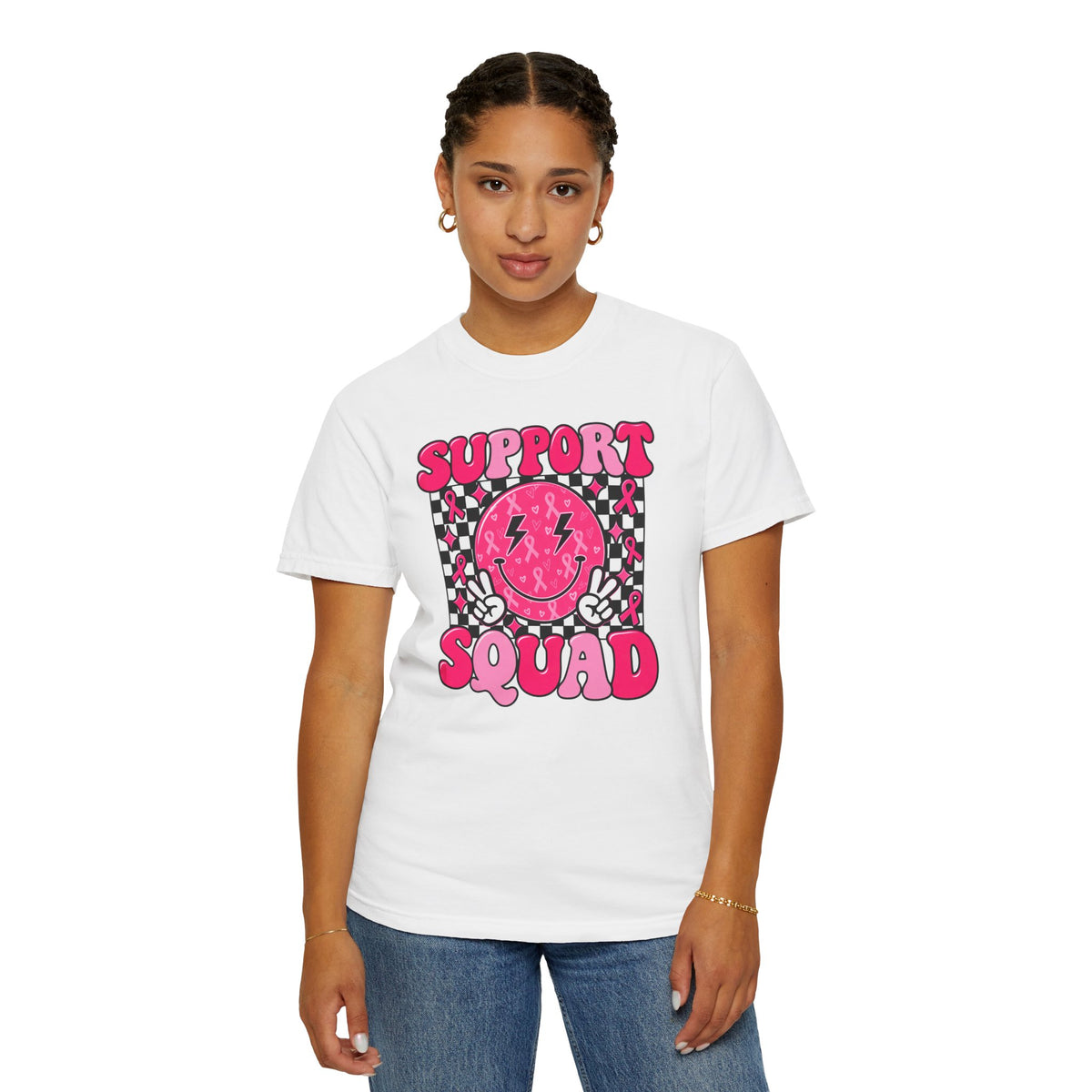 Support Squad T-Shirt — Pink Smiley Checkerboard Graphic Tee