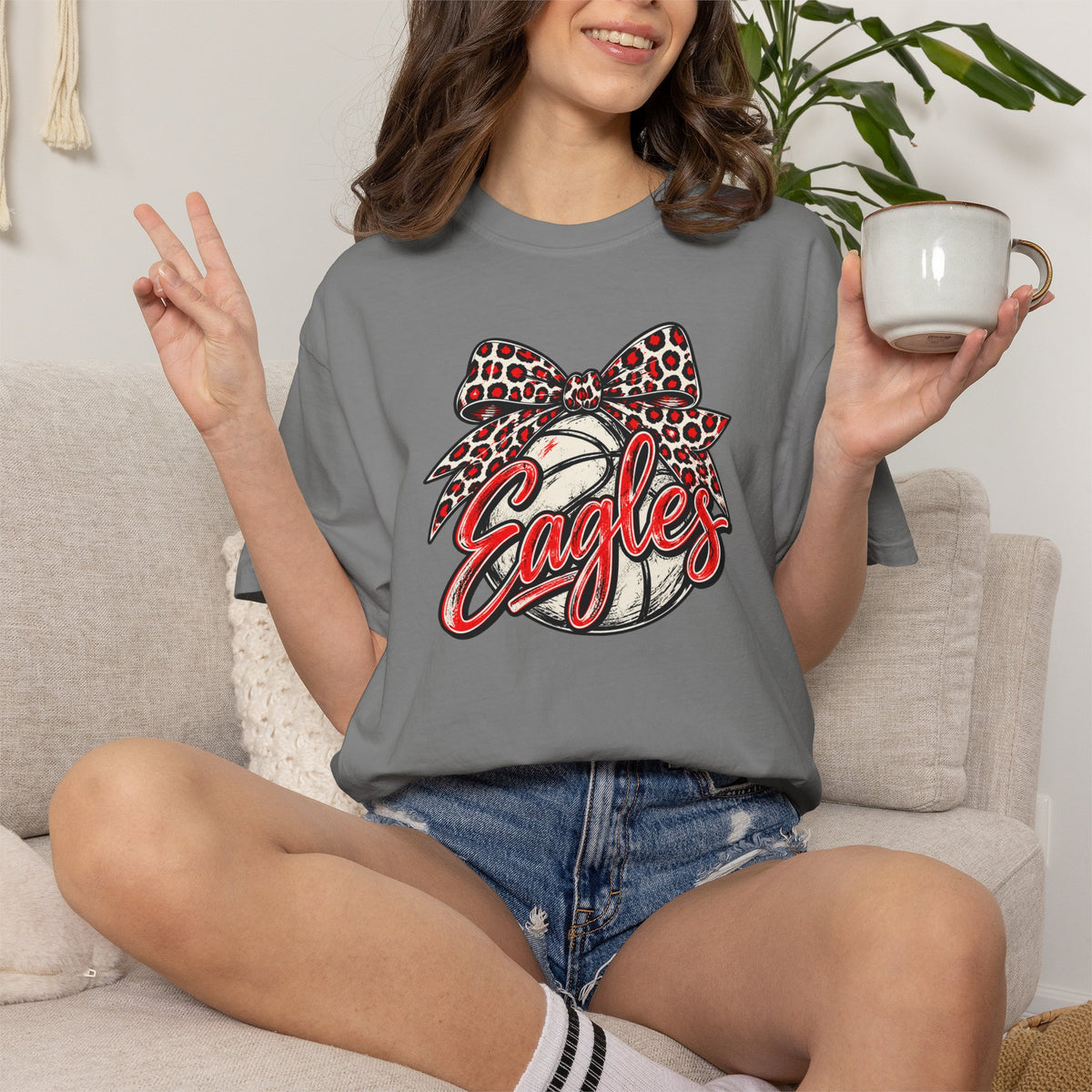 Eagles Volleyball T-Shirt with Leopard Bow Graphic