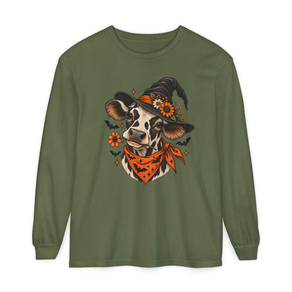 Halloween Witch Cow Long Sleeve Tee — Witchy Cow with Bats & Autumn Florals