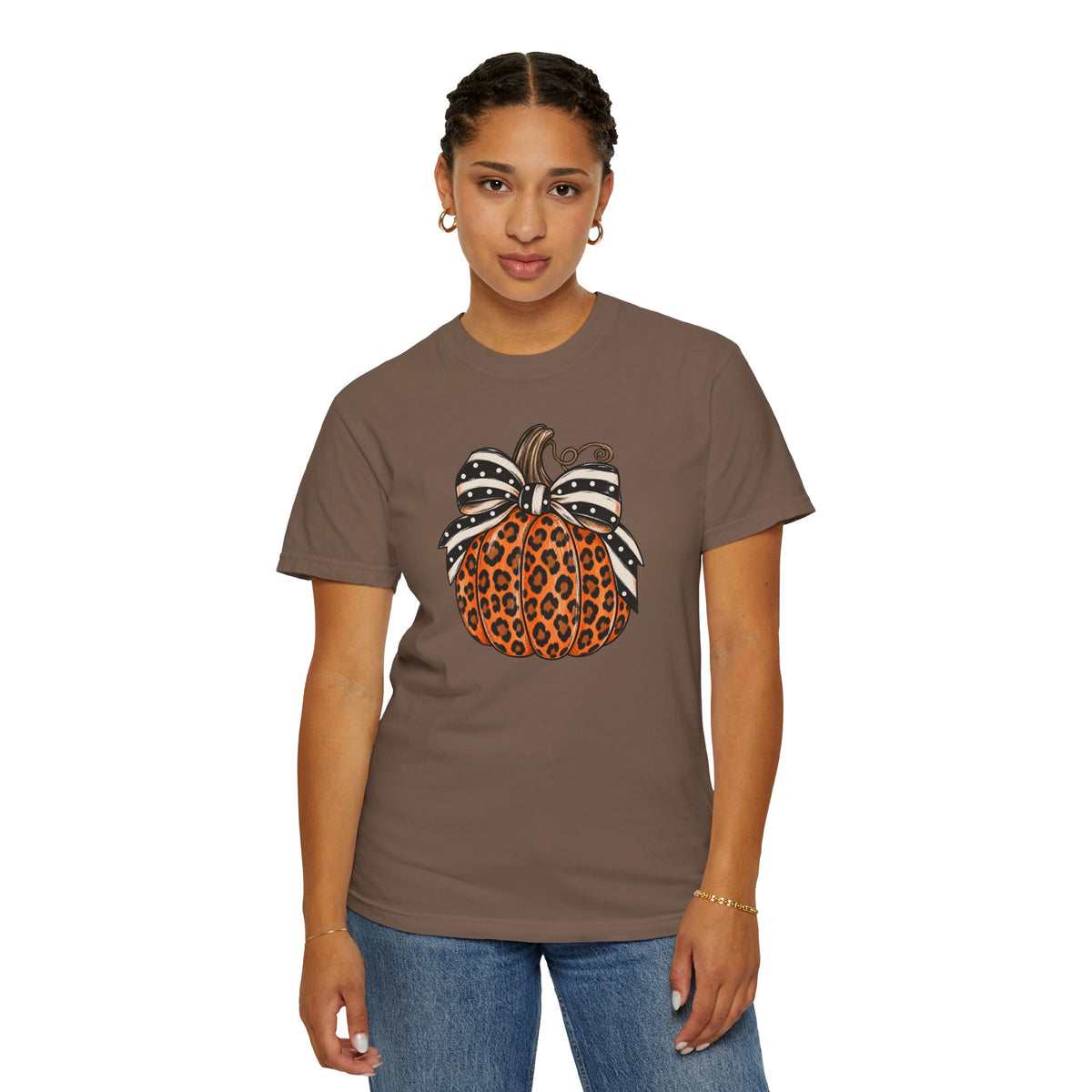 Leopard Pumpkin T-Shirt — Autumn Pumpkin Graphic Tee with Polka Dot Bow