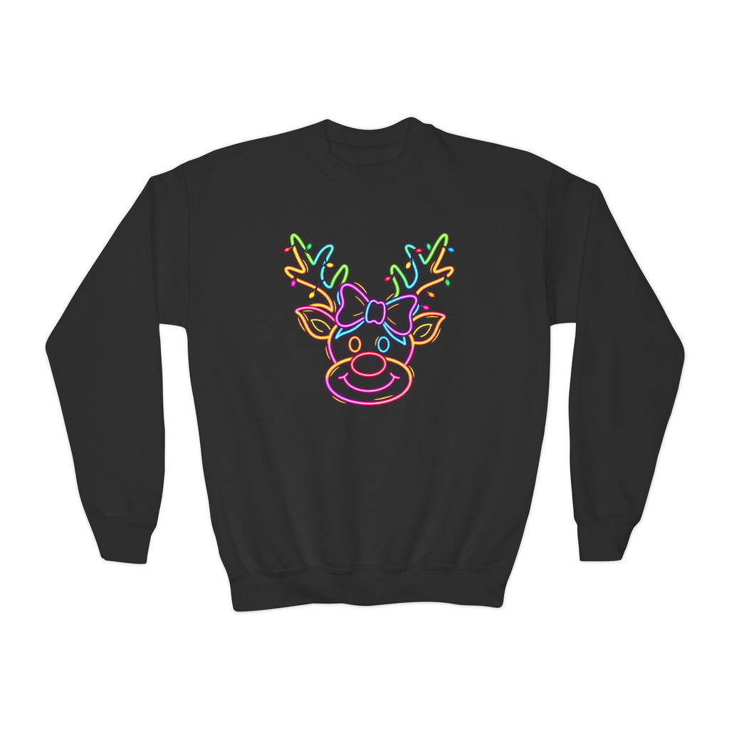Youth Crewneck Sweatshirt with Neon Reindeer Christmas Design