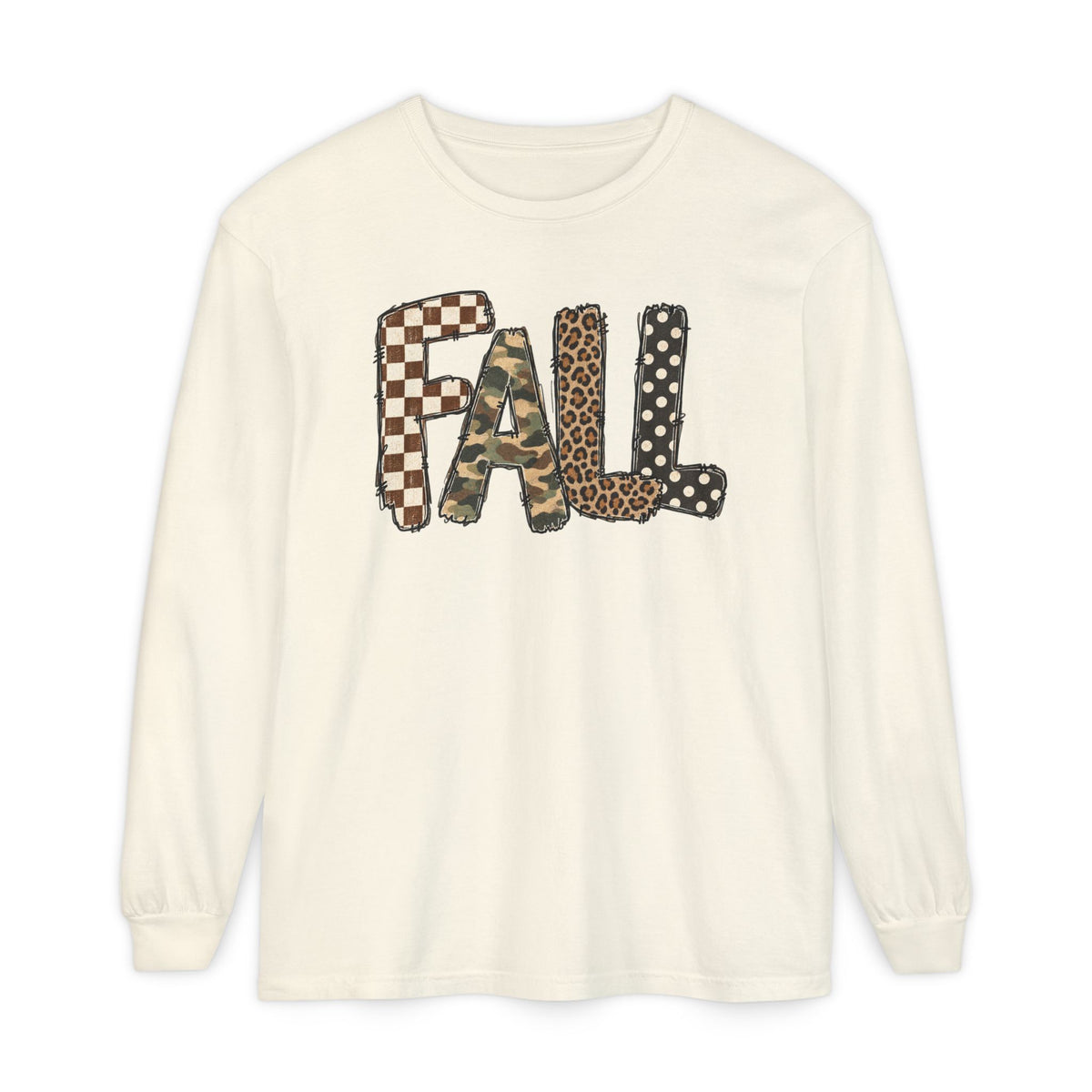 Fall Graphic Long Sleeve Tee — Leopard, Camo & Checkerboard Patch Letters