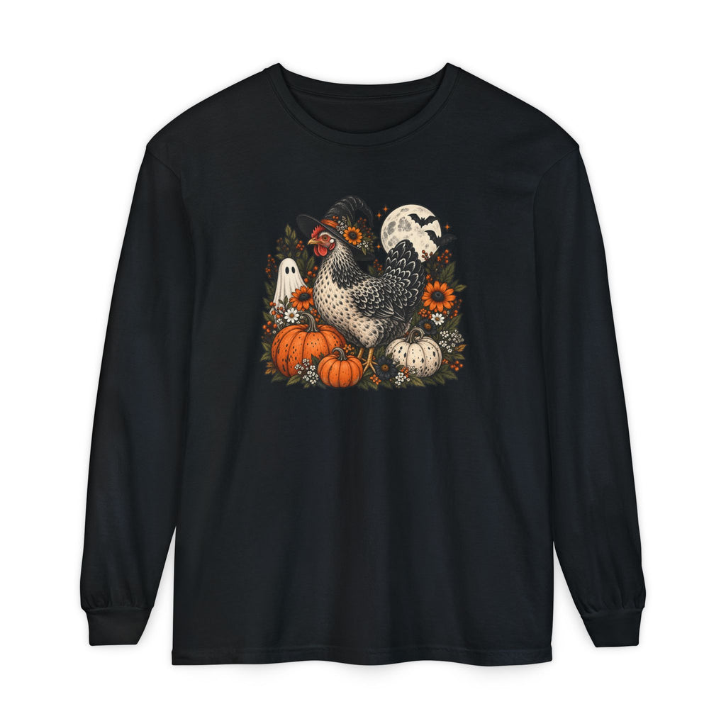 Halloween Chicken Tee — Witch Hat Chicken with Pumpkins & Ghosts Long Sleeve Shirt
