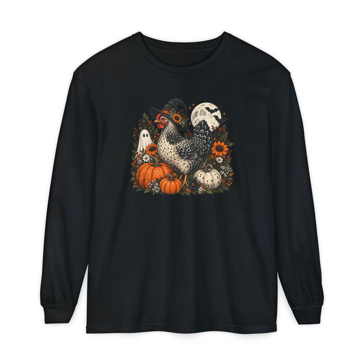 Halloween Chicken Tee — Witch Hat Chicken with Pumpkins & Ghosts Long Sleeve Shirt