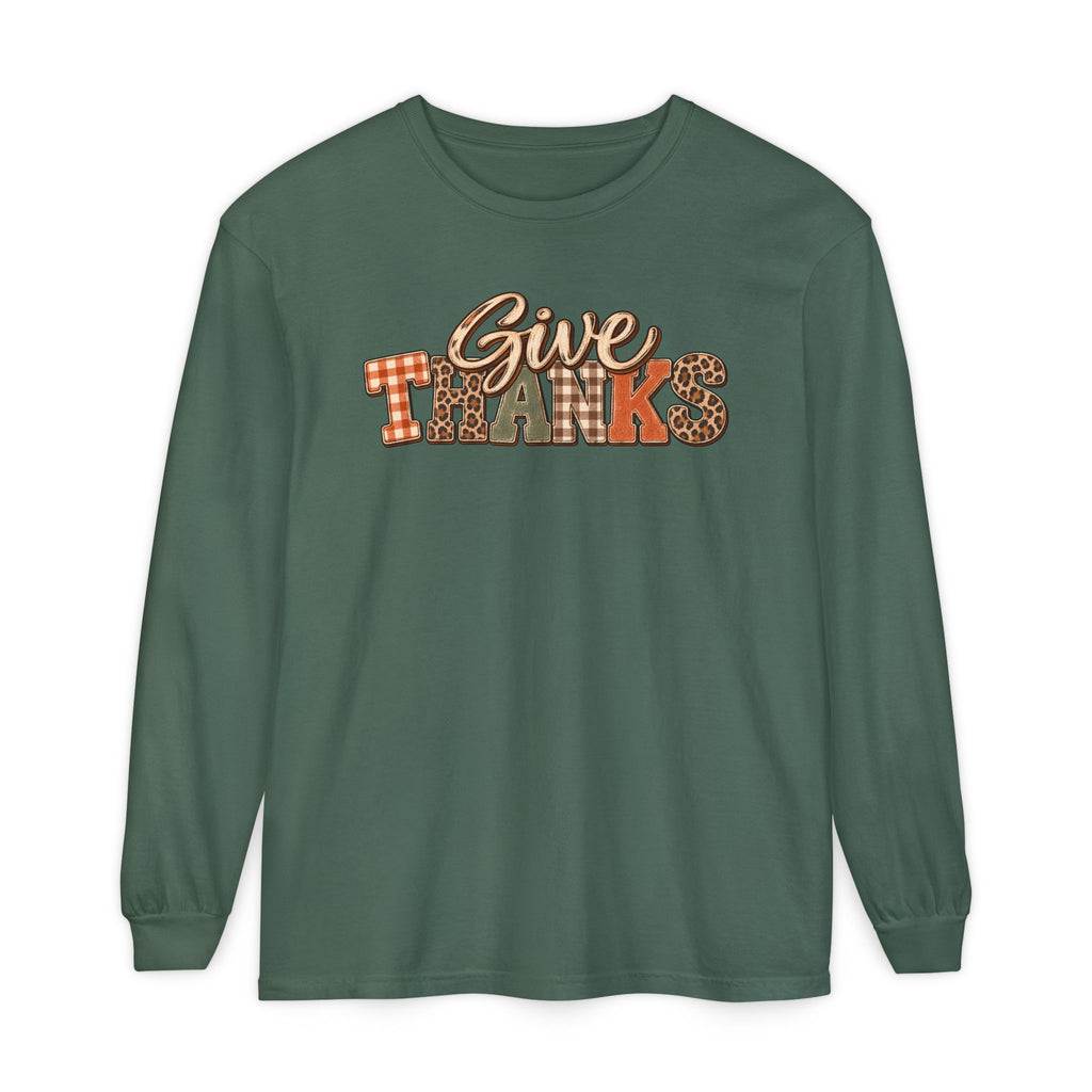 Give Thanks Long Sleeve Shirt — Thanksgiving Plaid & Leopard Graphic