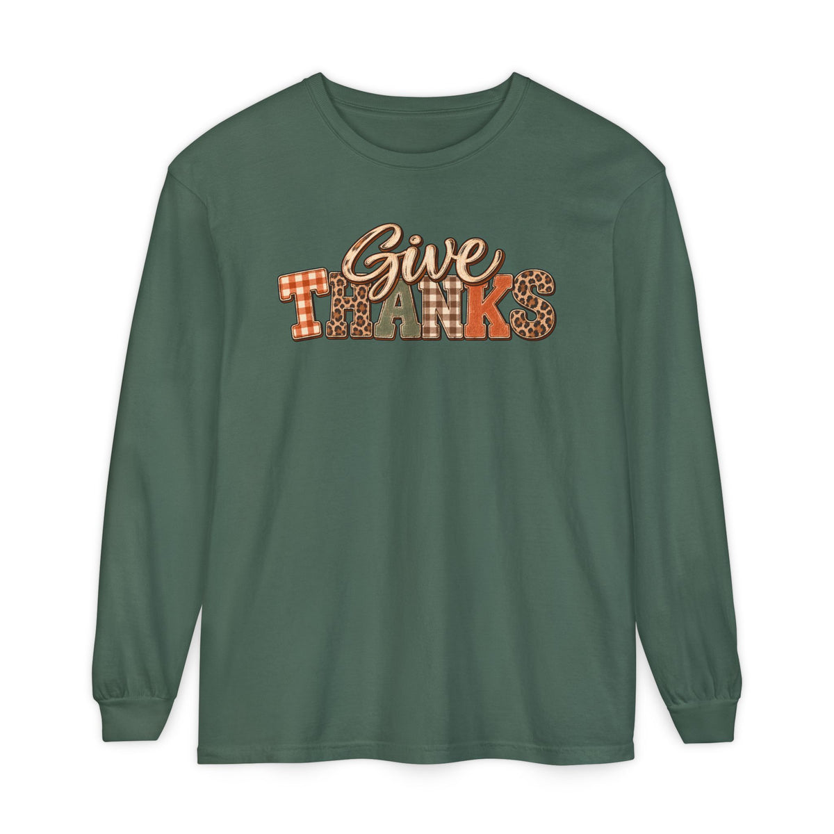 Give Thanks Long Sleeve Shirt — Thanksgiving Plaid & Leopard Graphic