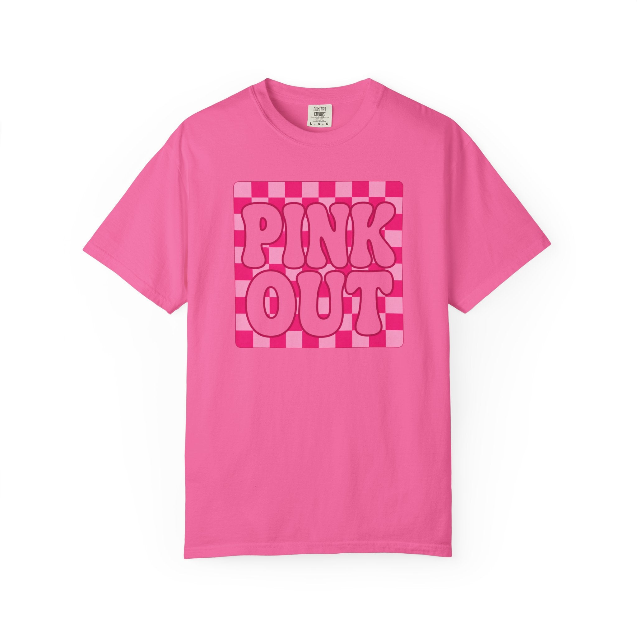 Pink Out Checkerboard T-Shirt — Retro Bubble Letter Graphic Tee