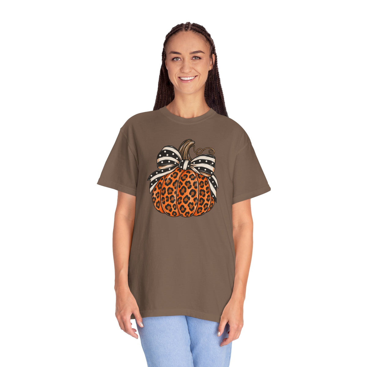 Leopard Pumpkin T-Shirt — Autumn Pumpkin Graphic Tee with Polka Dot Bow