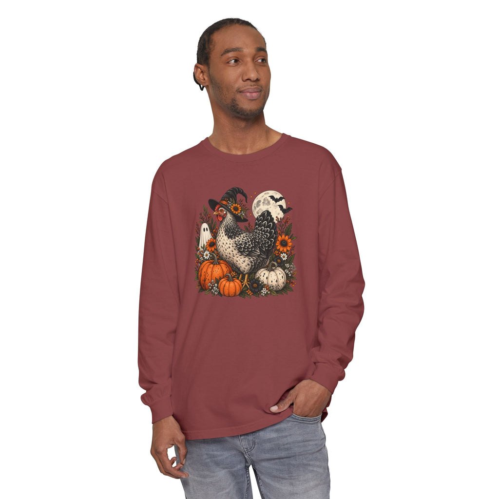 Halloween Chicken Tee — Witch Hat Chicken with Pumpkins & Ghosts Long Sleeve Shirt