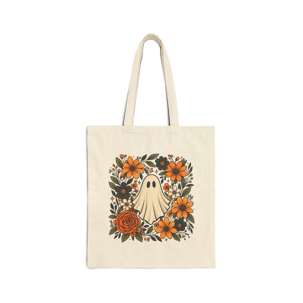 Halloween Ghost Floral Tote Bag — Cute Retro Ghost with Orange Flowers Cotton Canvas Tote