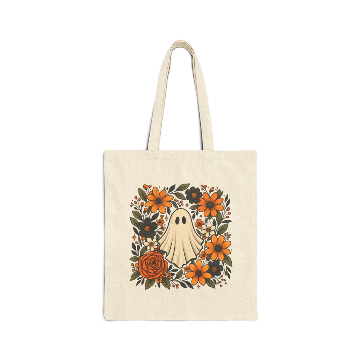 Halloween Ghost Floral Tote Bag — Cute Retro Ghost with Orange Flowers Cotton Canvas Tote