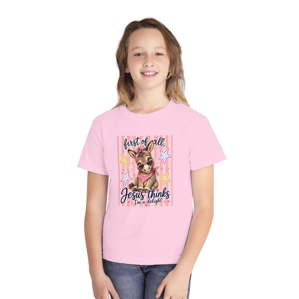 Youth Tee — "First of All, Jesus Thinks I’m a Delight" Cute Donkey Christian Shirt