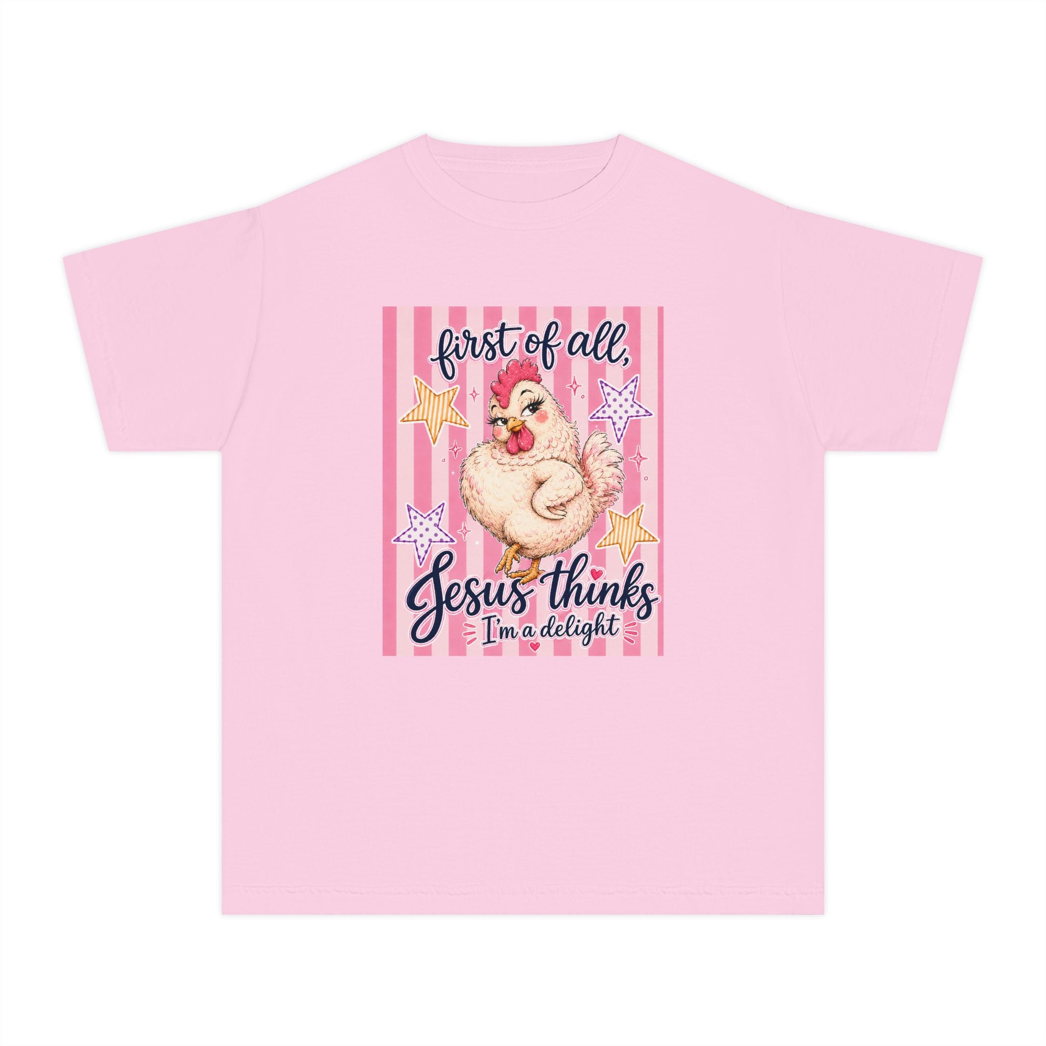Youth Tee — "First of All, Jesus Thinks I’m a Delight" Cute Chick Christian Kids Shirt