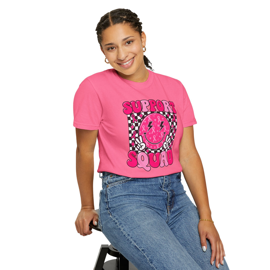 Support Squad T-Shirt — Pink Smiley Checkerboard Graphic Tee