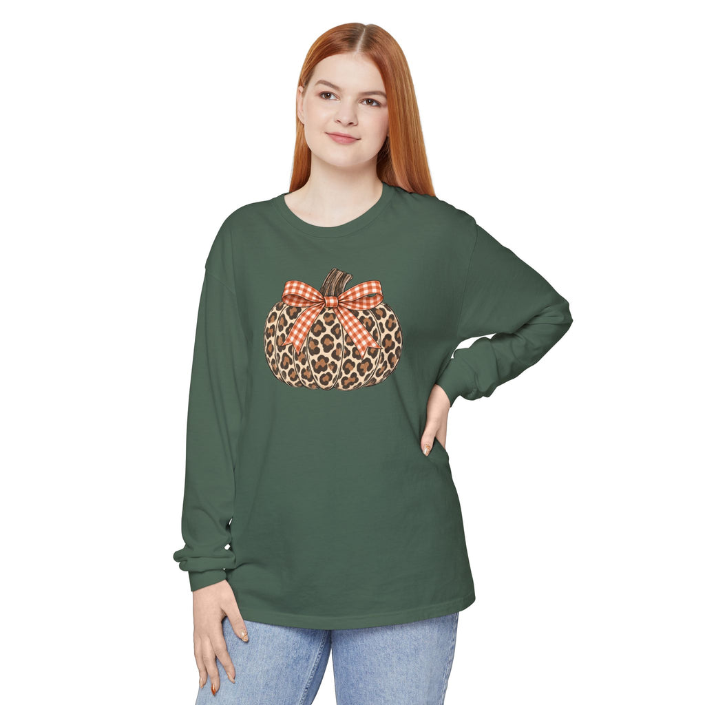 Leopard Pumpkin Long Sleeve Tee — Buffalo Plaid Bow Fall Shirt
