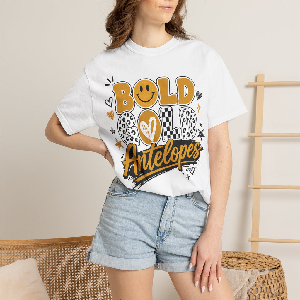 Bold Gold Antelopes Graphic T-Shirt — Cheerful Retro Smile Design