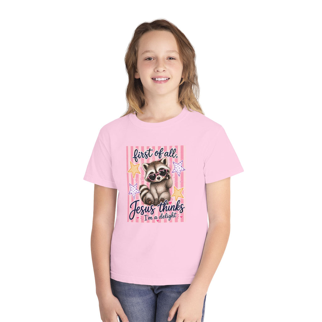 Youth Tee — 'First of All, Jesus Thinks I’m a Delight' Cute Raccoon Faith Shirt
