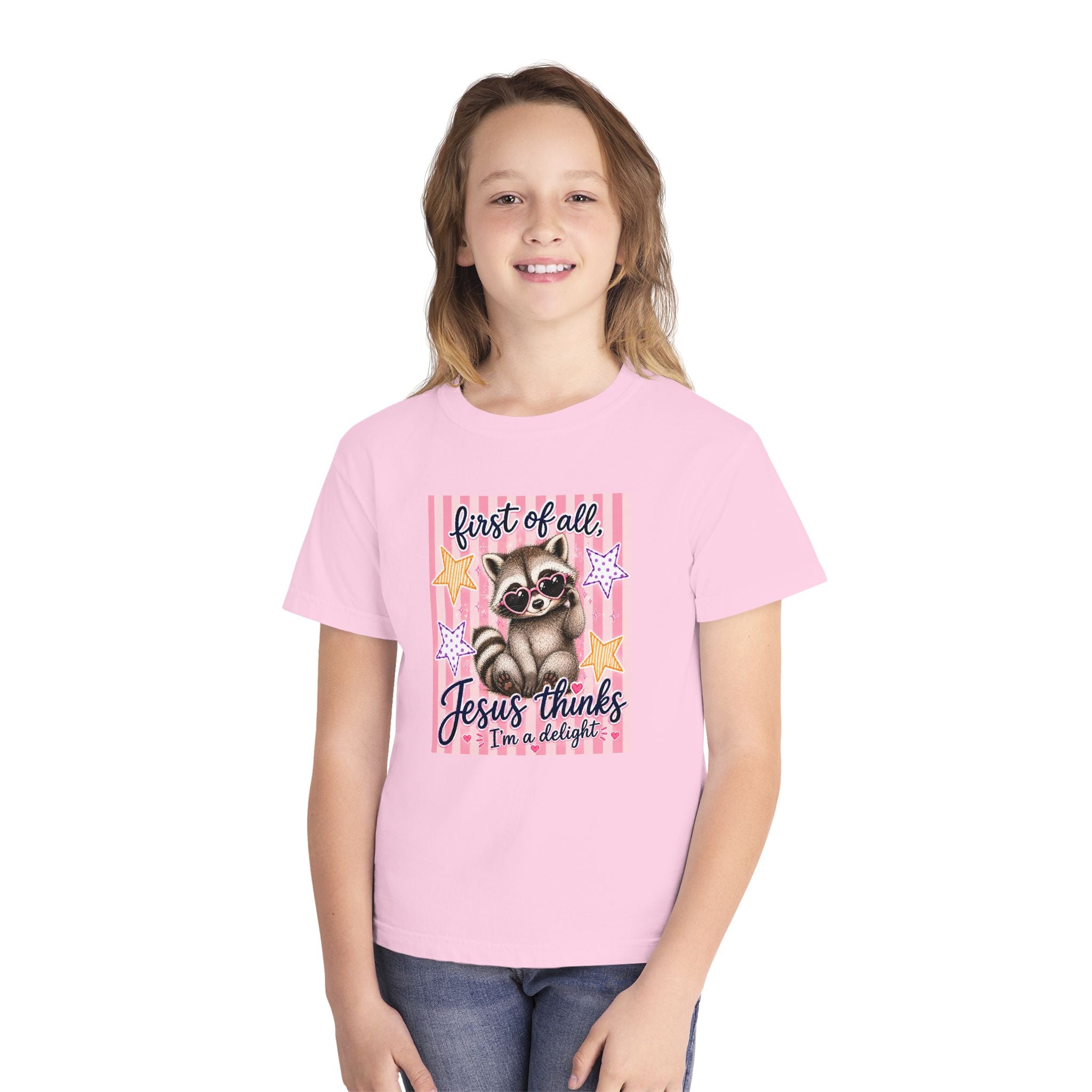 Youth Tee — 'First of All, Jesus Thinks I’m a Delight' Cute Raccoon Faith Shirt