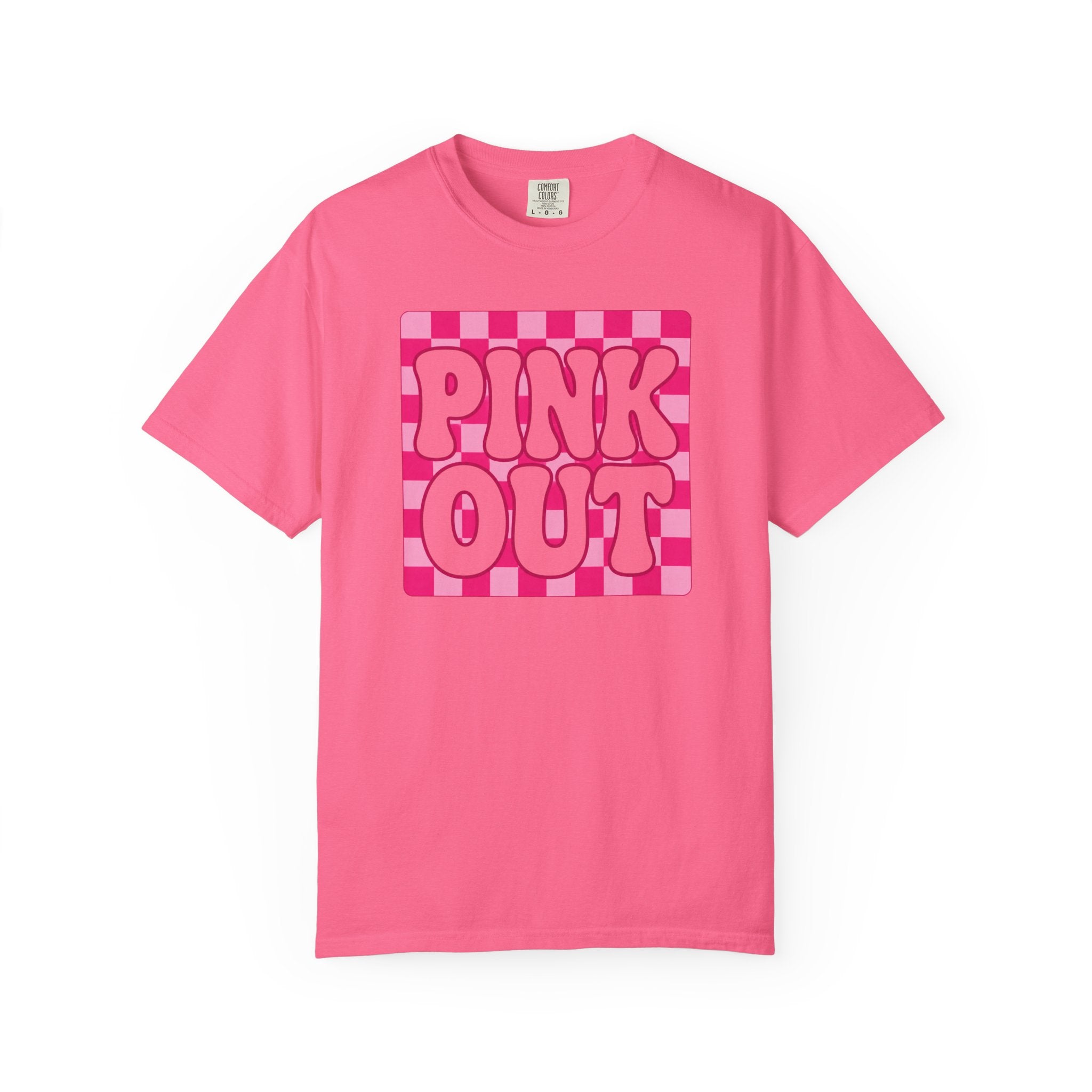 Pink Out Checkerboard T-Shirt — Retro Bubble Letter Graphic Tee