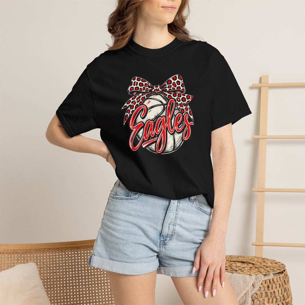 Eagles Volleyball T-Shirt with Leopard Bow Graphic