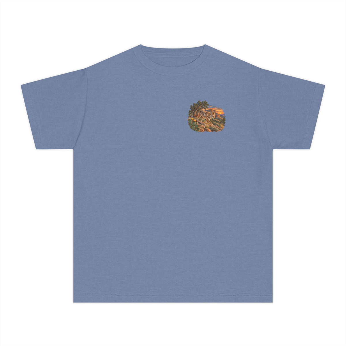 washed denim youth Caprock Critters coyote tee with front and back West Texas wildlife artwork.