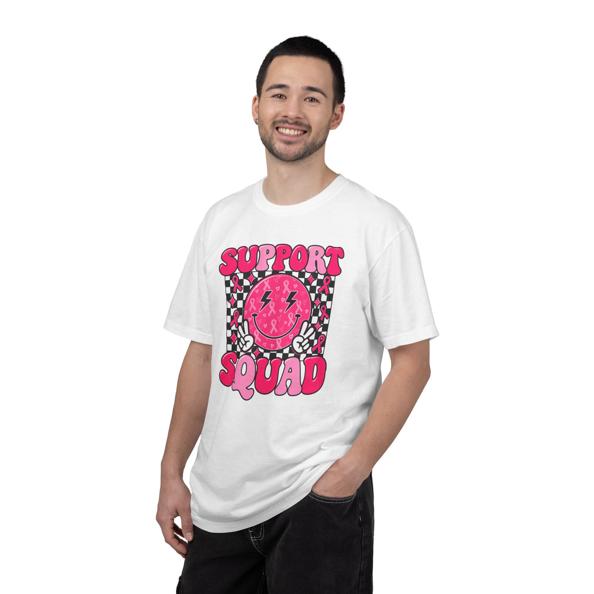 Support Squad T-Shirt — Pink Smiley Checkerboard Graphic Tee
