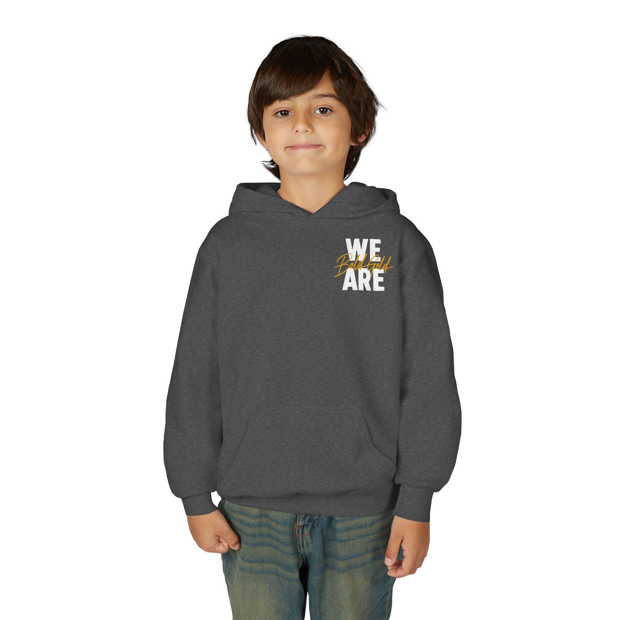 Youth Hoodie — “WE ARE” Bold Gold Script Team Pullover