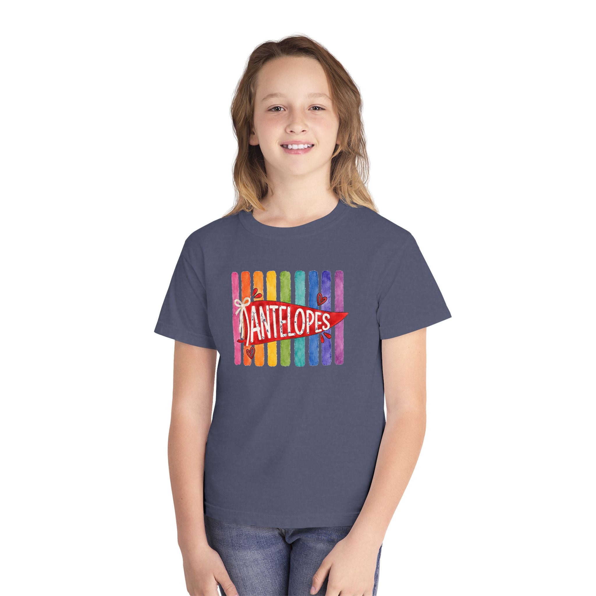 Youth Tee — Rainbow 'Antelopes' Pennant School Spirit Shirt