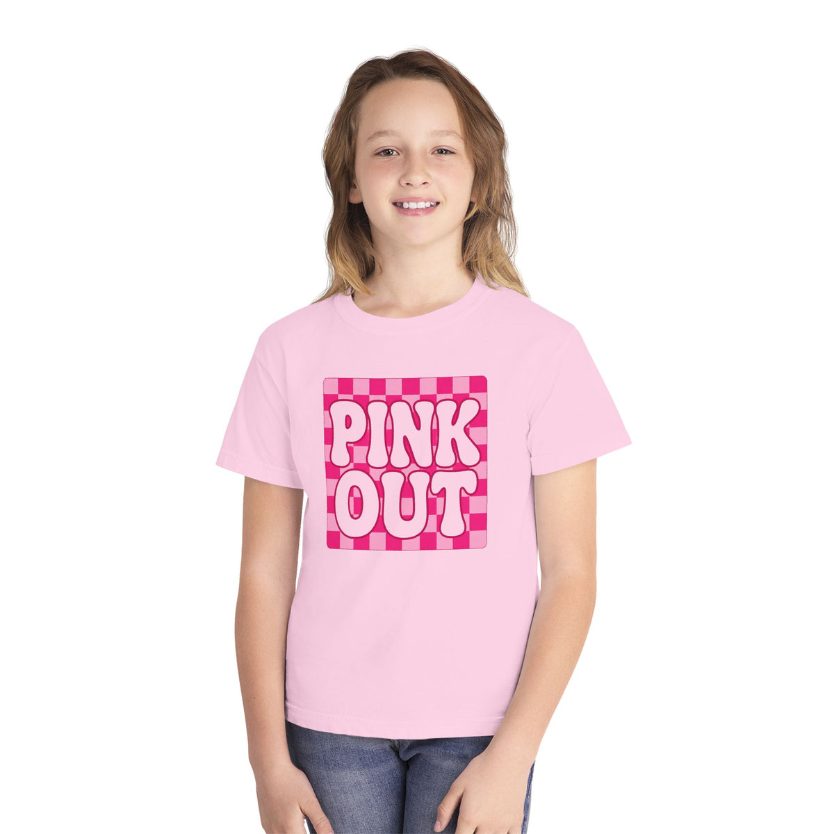 Youth Tee — "PINK OUT" Pink Check Graphic Tee for Kids (Breast Cancer Awareness, Pink Out Events)