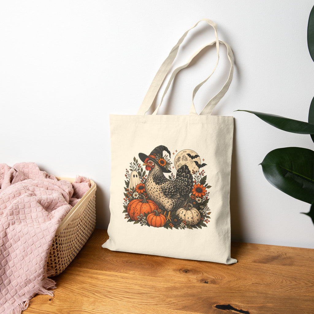Autumn Witchy Chicken Cotton Canvas Tote — Pumpkin, Moon & Chicken Halloween Market Bag