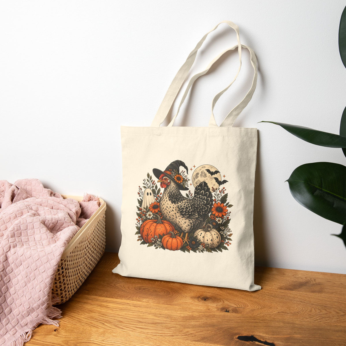 Autumn Witchy Chicken Cotton Canvas Tote — Pumpkin, Moon & Chicken Halloween Market Bag