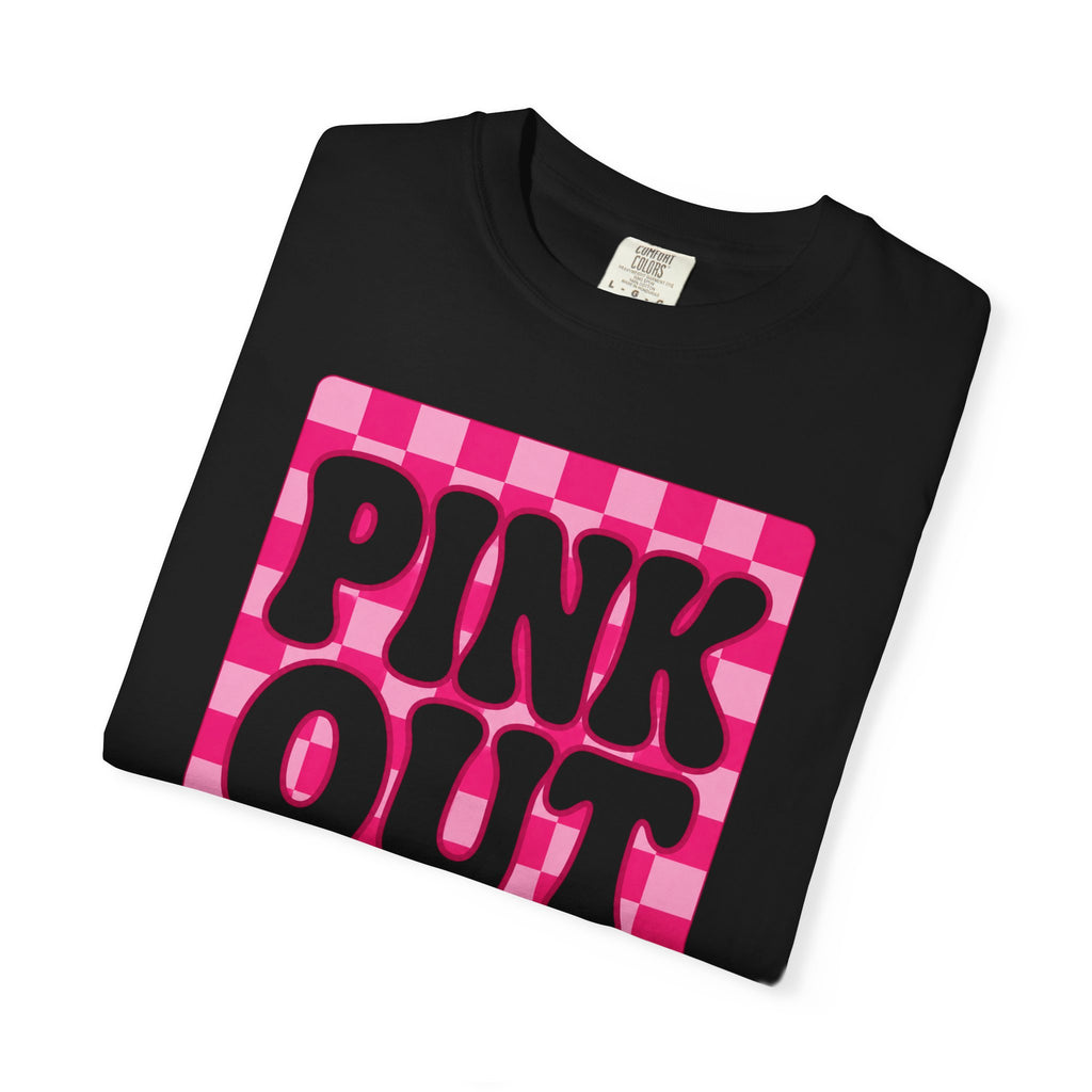 Pink Out Checkerboard T-Shirt — Retro Bubble Letter Graphic Tee