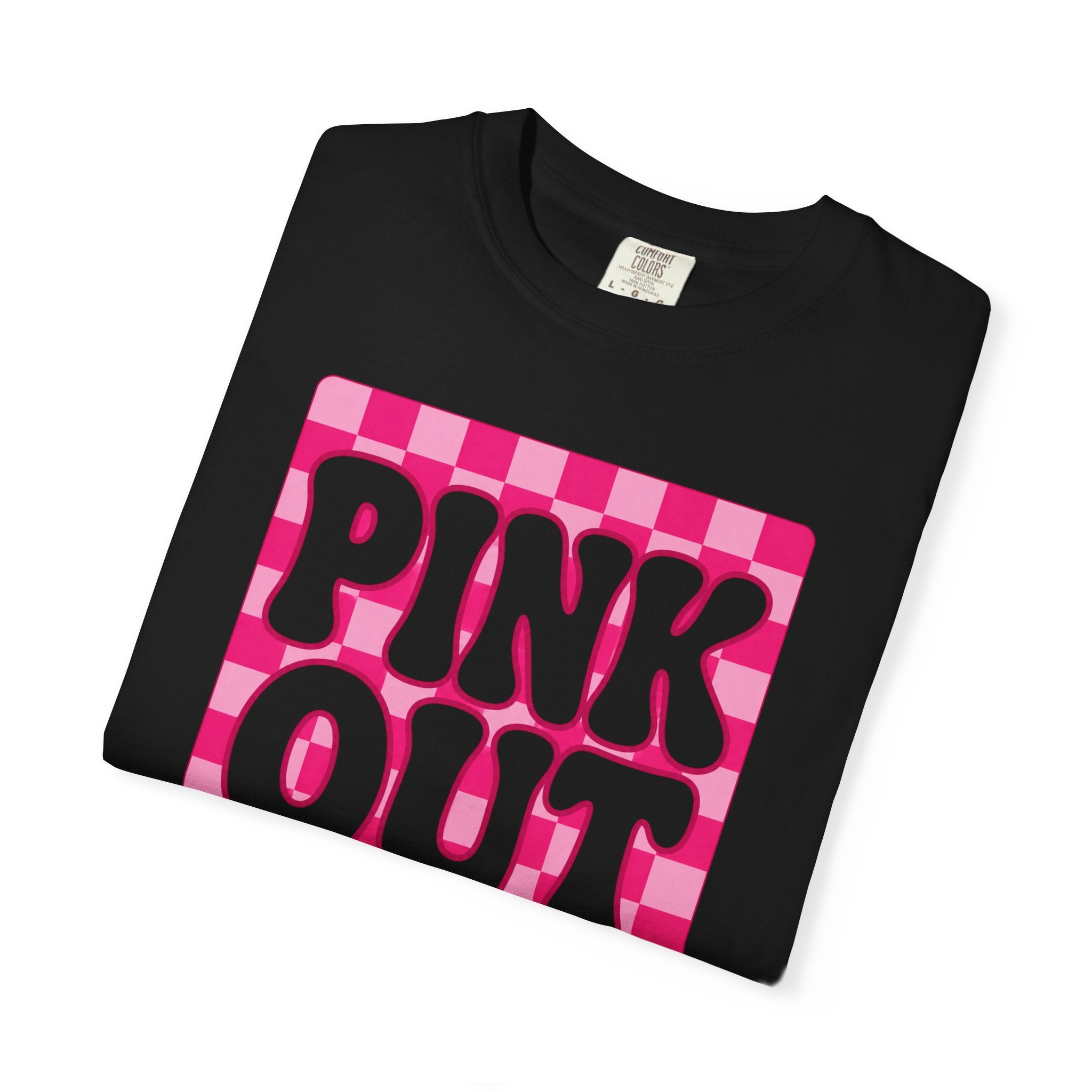 Pink Out Checkerboard T-Shirt — Retro Bubble Letter Graphic Tee