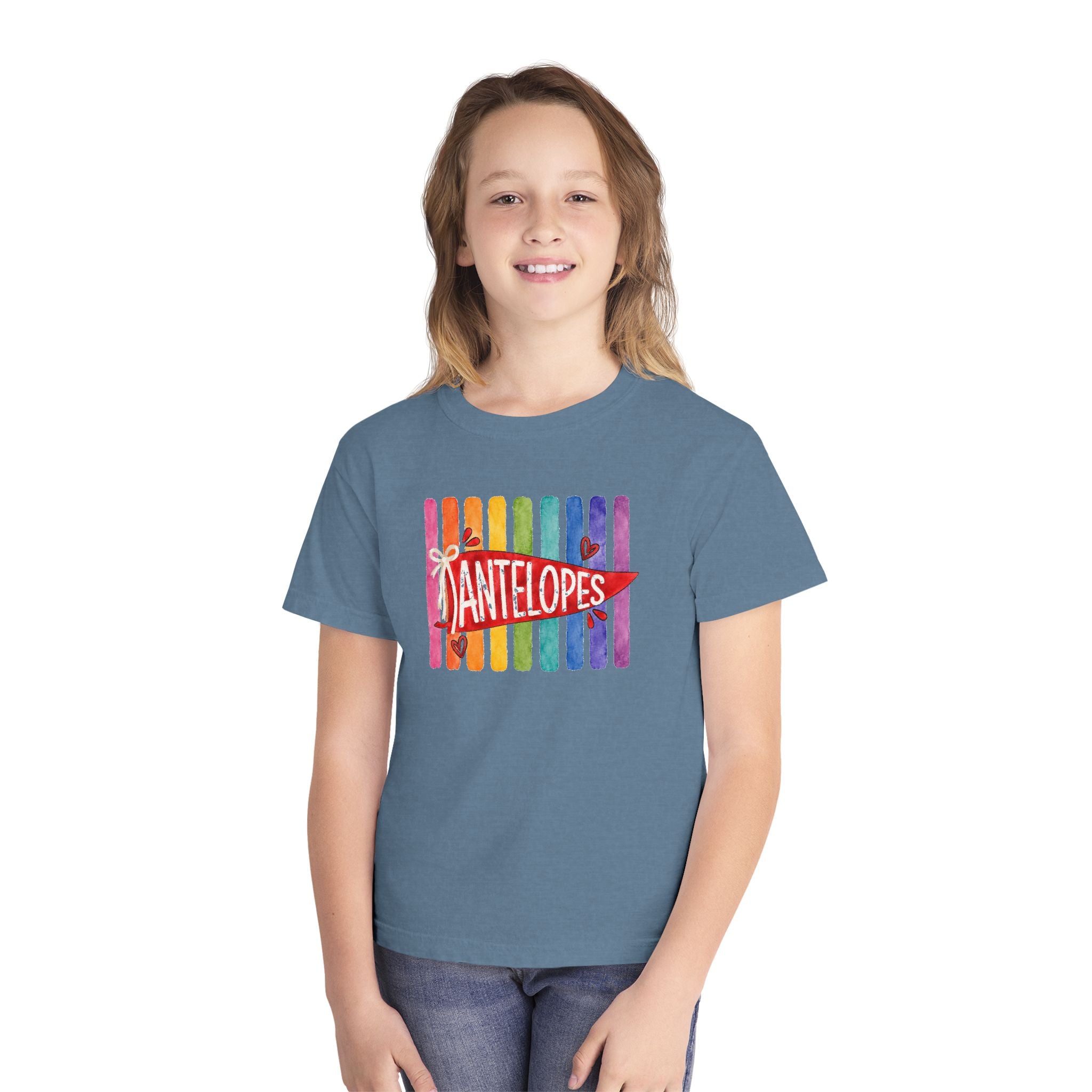 Youth Tee — Rainbow 'Antelopes' Pennant School Spirit Shirt