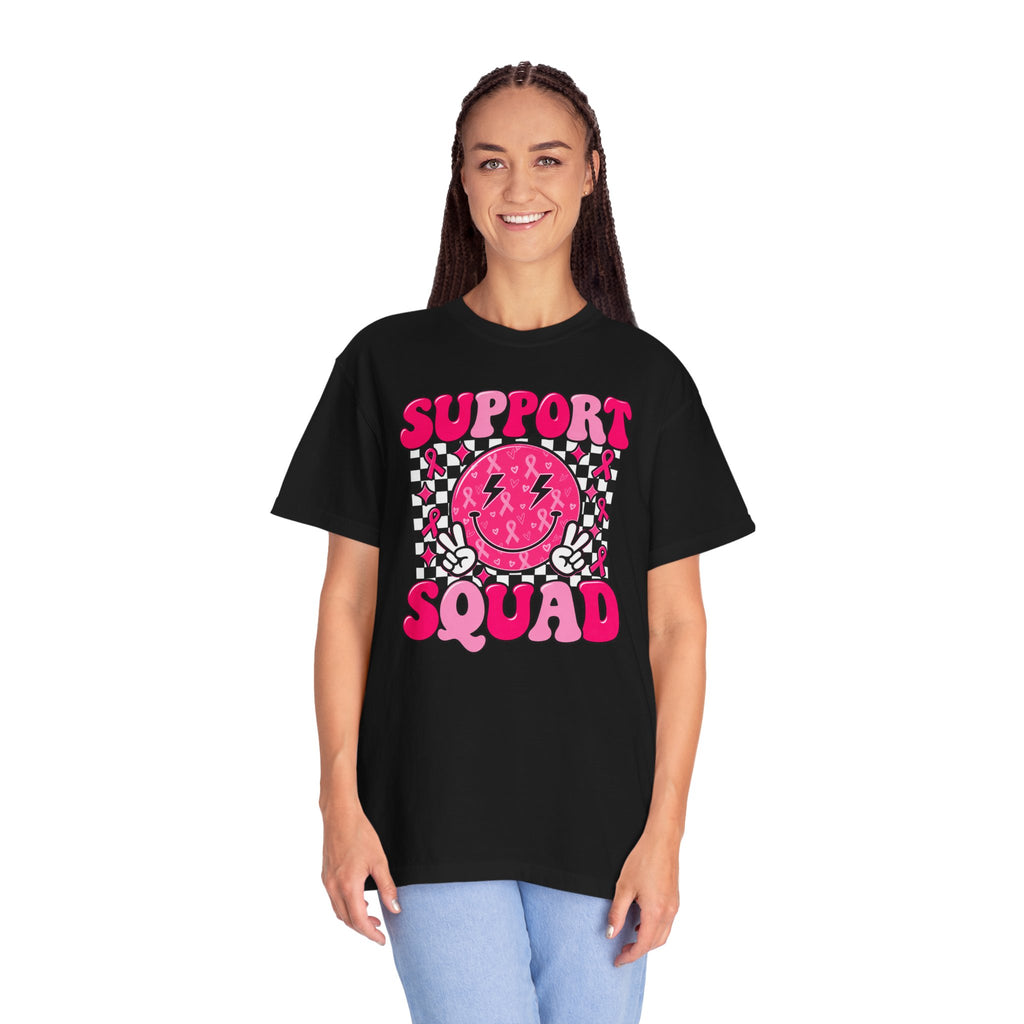 Support Squad T-Shirt — Pink Smiley Checkerboard Graphic Tee