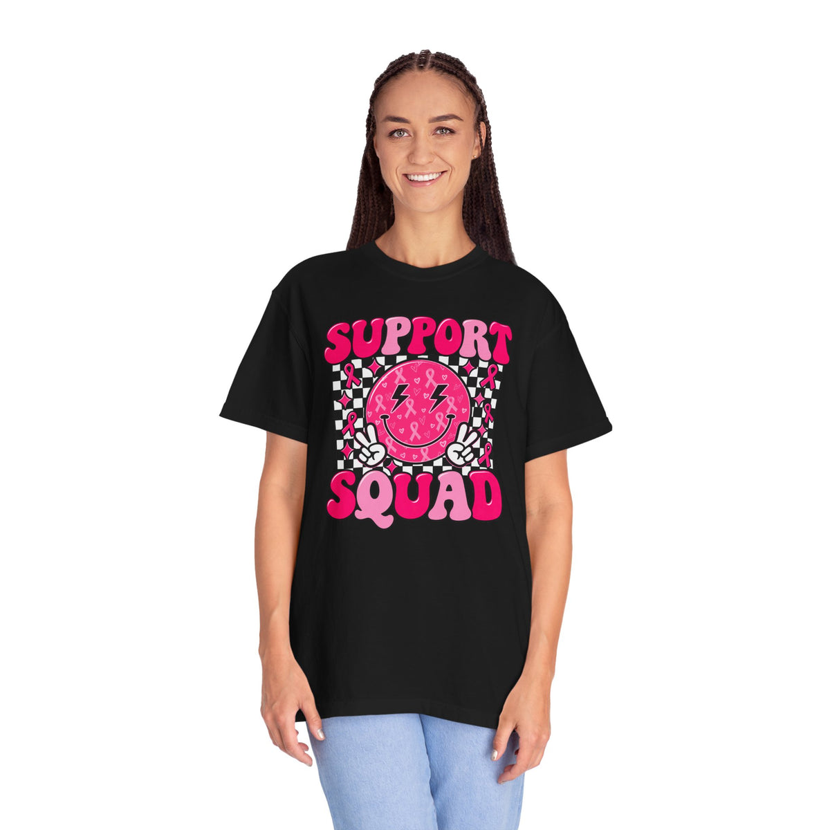Support Squad T-Shirt — Pink Smiley Checkerboard Graphic Tee