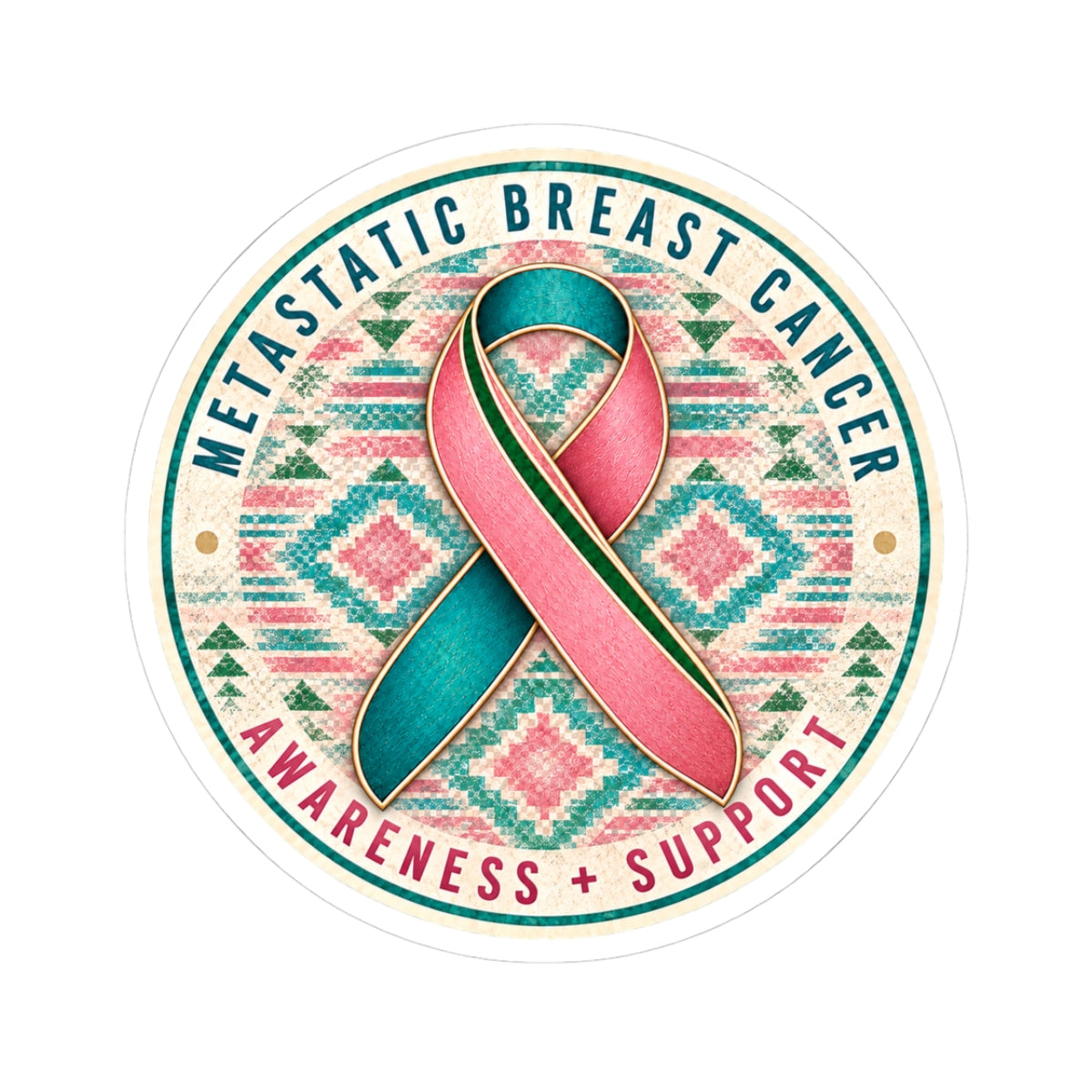 Metastatic Breast Cancer Awareness Kiss-Cut Sticker — Pink & Teal Ribbon Support