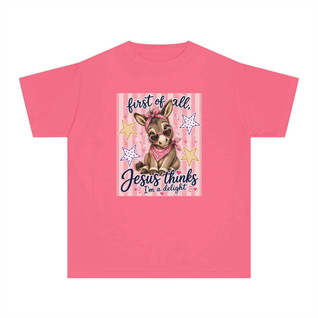 Youth Tee — "First of All, Jesus Thinks I’m a Delight" Cute Donkey Christian Shirt