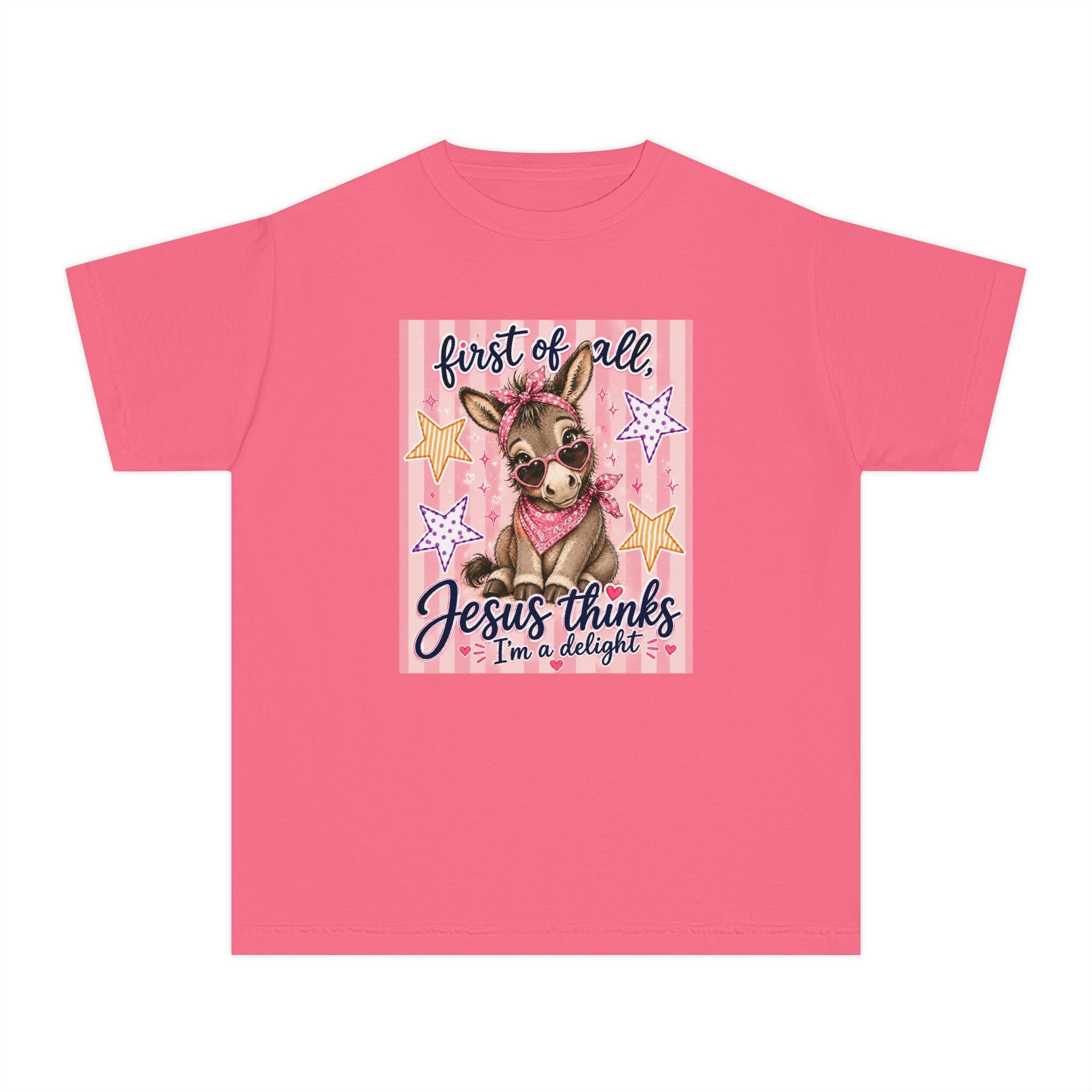 Youth Tee — "First of All, Jesus Thinks I’m a Delight" Cute Donkey Christian Shirt