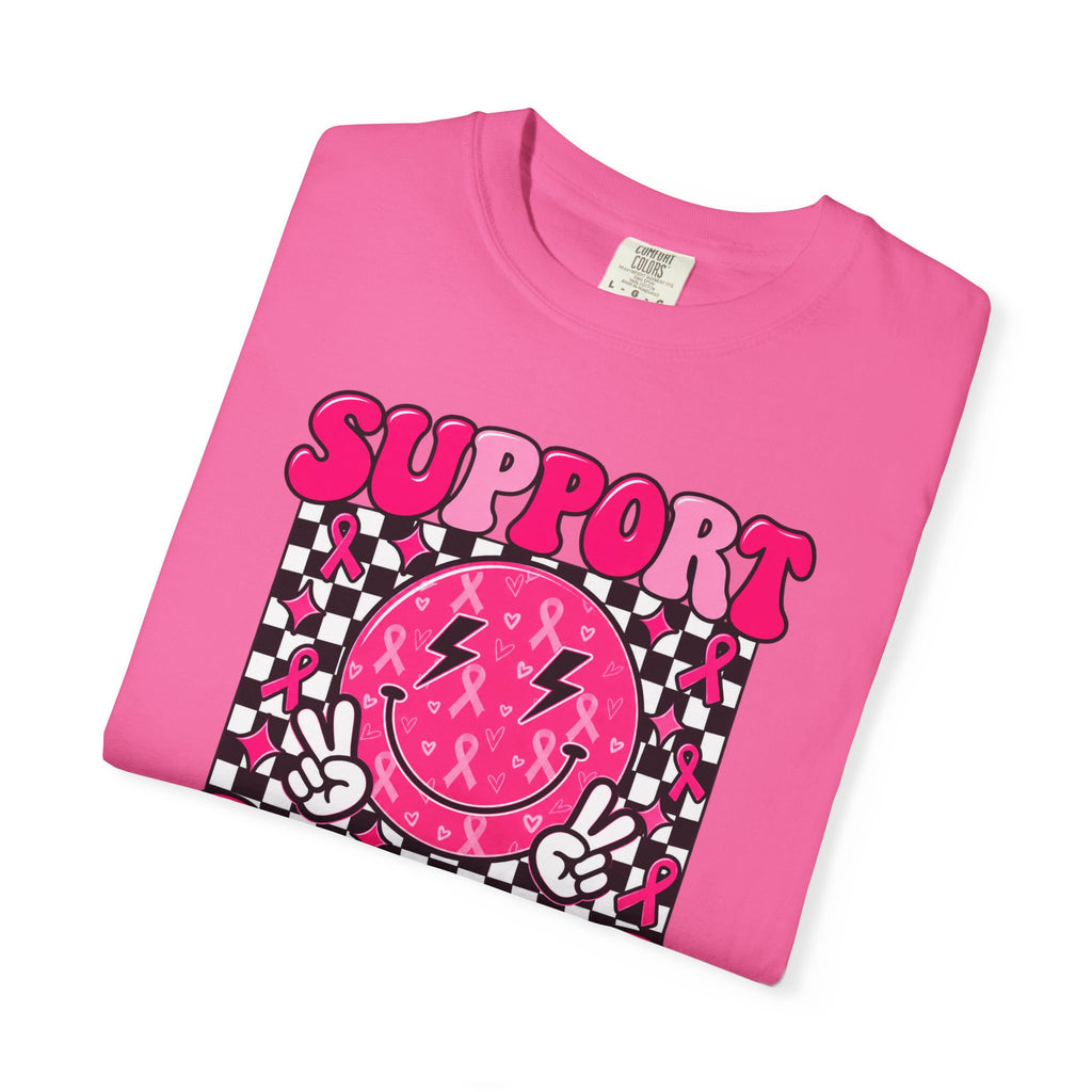 Support Squad T-Shirt — Pink Smiley Checkerboard Graphic Tee