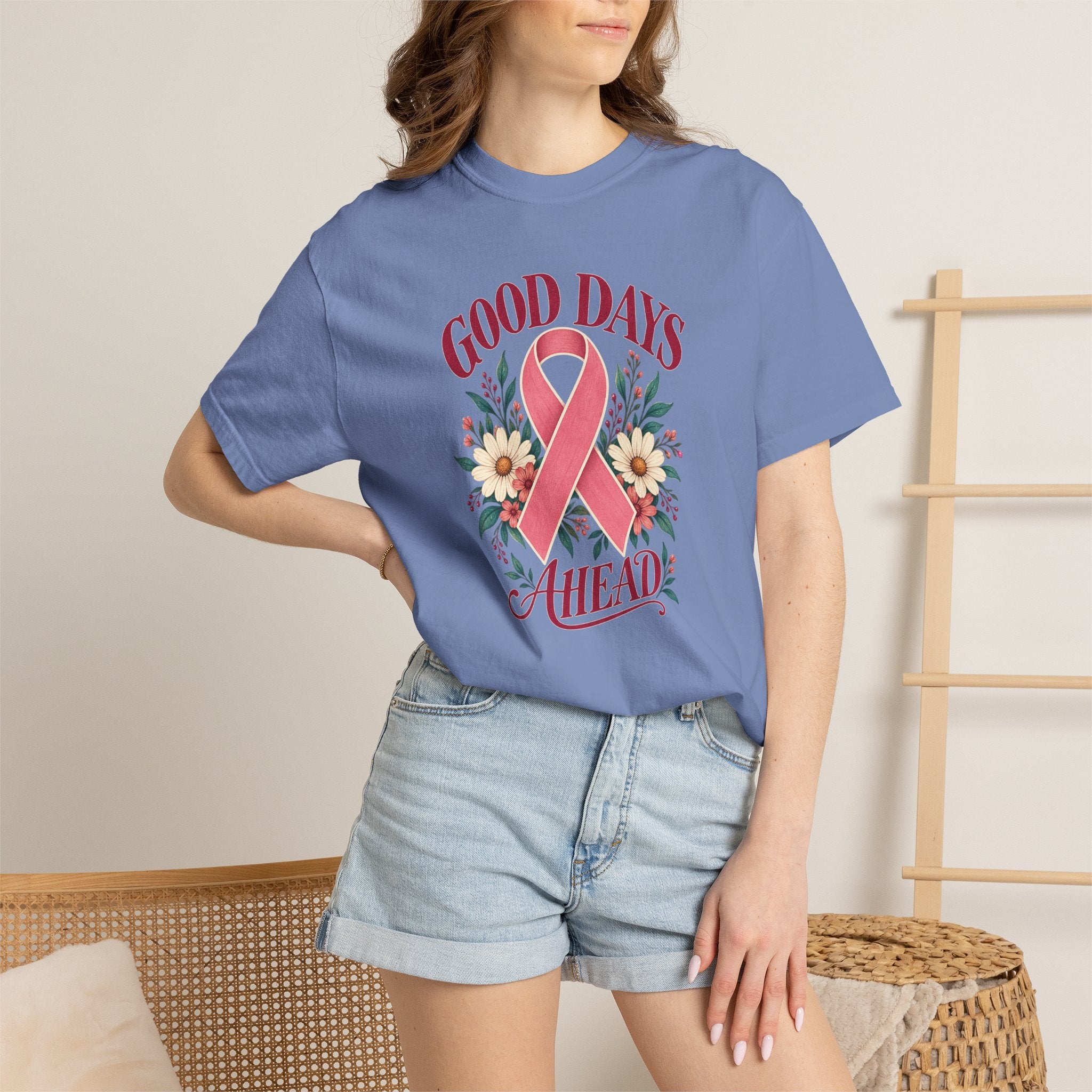 Breast Cancer Awareness T-Shirt — "Good Days Ahead" Ribbon Floral Tee